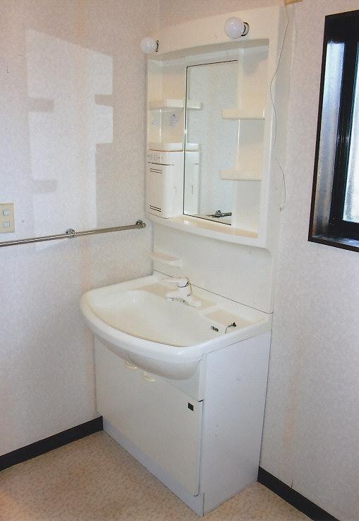 Wash basin, toilet. Spacious wash room of the space