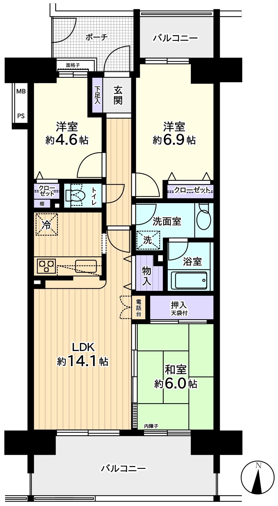 Floor plan. 3LDK, Price 14.5 million yen, Footprint 70.5 sq m , Balcony area 15.9 sq m