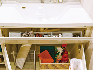 Bathing-wash room.  [Pocket storage] The wash bowl front, It was adopted and convenient pocket storage accessories, etc..