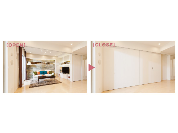 Interior.  [Wall door] living ・ Adopt a wall door that connects the dining and Western in style. Not only available as a room that independent close the (part dwelling unit) door was, Adopted a wall door that can also be used as a large living room and open the door.
