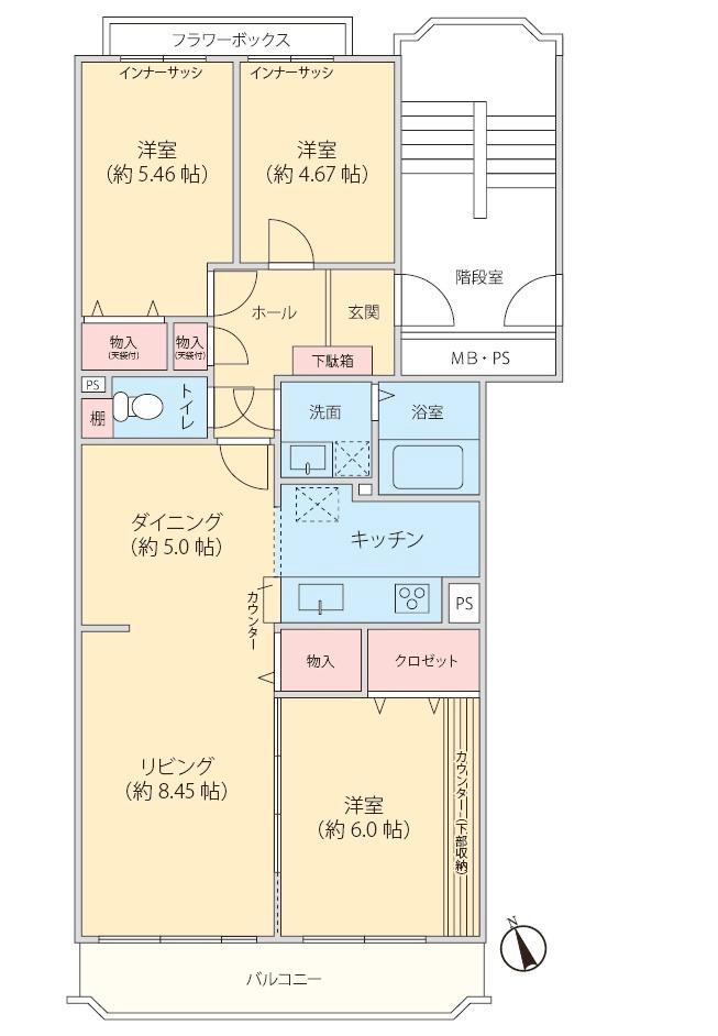 Floor plan. 3LDK, Price 13 million yen, Occupied area 73.06 sq m , Balcony area 7.46 sq m