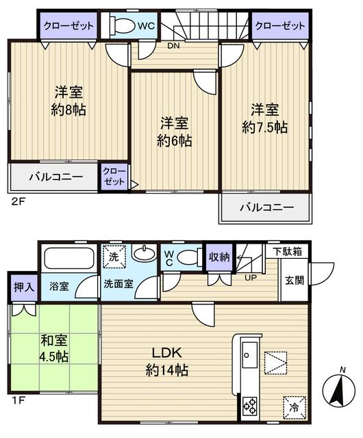 Floor plan. 15.8 million yen, 4LDK, Land area 166.91 sq m , Is taken between building area 90.31 sq m Zenshitsuminami facing bright