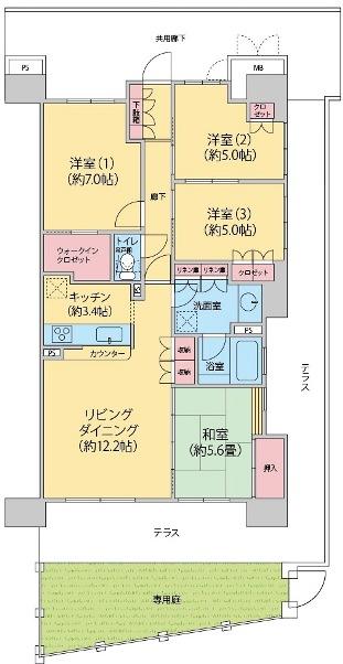 Floor plan. 4LDK, Price 31.5 million yen, Occupied area 86.89 sq m , Balcony area 34.11 sq m 4LDK ・ With a private garden (900 yen separately Monthly)