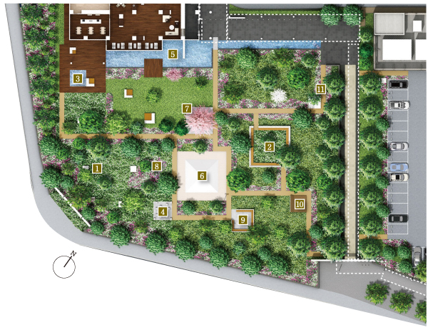 Shared facilities.  [Site layout] (1) barbecue cube (2) Dog Run Park (3) splashing water sound pond (4) dictionary Garden (5) Water Garden (6) Children's Garden (7) Sakura Garden (8) Ragubenchi (9) gossip Garden (10) Komorebi bed (
