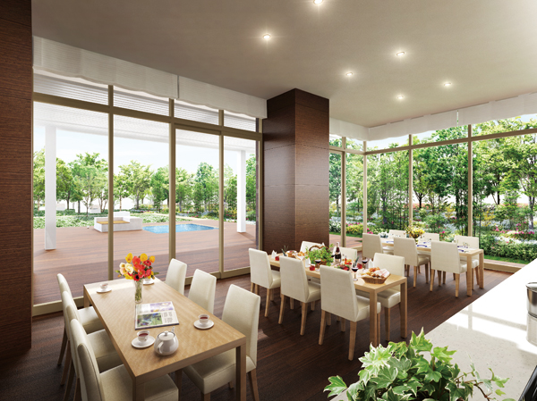 Shared facilities.  [Kitchen Stadium Rendering CG] Home party and enjoyed established the "Kitchen Stadium". Before the garden terrace leading from the kitchen stadium "splashing water sound pond", And to its destination has been arranged "barbecue cube" taste outdoor feeling. (Wireless LAN)