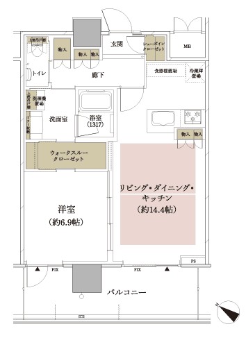 A2 type floor plan: 1LDK + WTC + SIC (occupied area / 55.28 sq m  Balcony area / 12.65 sq m ) ※ WTC: walk-through closet SIC: shoes-in closet