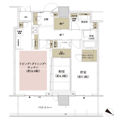 C type floor plan: 2LDK + WIC + N (occupied area / 68.34 sq m  Balcony area / 16.10 sq m ) ※ WIC: walk-in closet N: storeroom