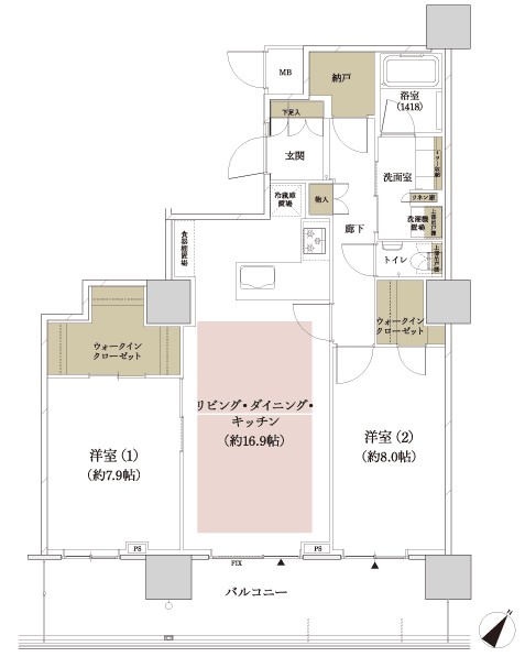 M2 '(MENU PLAN-2) type floor plan: 2LDK + 2WIC + N (occupied area / 82.06 sq m  Balcony area / 18.50 sq m ) ※ WIC: walk-in closet N: storeroom