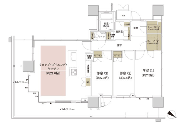 J2s type floor plan: 3LDK + WIC + SIC (occupied area / 87.82 sq m  Balcony area / 36.29 sq m ) ※ WIC: walk-in closet SIC: shoes-in closet