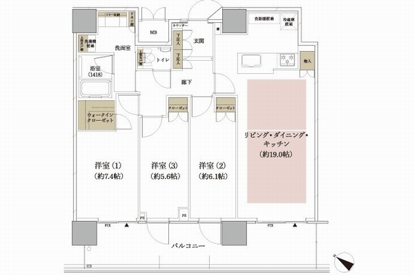 H '(MENU PLAN-2) type floor plan: 3LDK + WIC (occupied area / 86.44 sq m  Balcony area / 19.50 sq m ) ※ WIC: walk-in closet