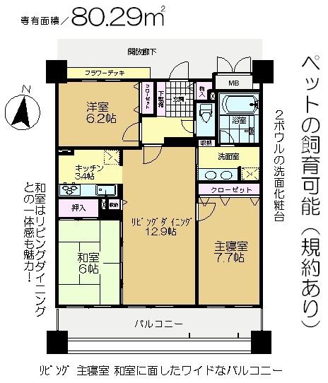Floor plan. 3LDK, Price 19,800,000 yen, Occupied area 80.29 sq m , Balcony area 17 sq m 3 rooms are south-facing very good room of per yang.