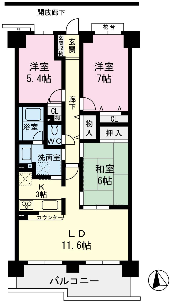 Floor plan. 3LDK, Price 13.8 million yen, Occupied area 74.11 sq m , Balcony area 10.79 sq m