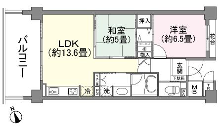 Floor plan. 2LDK, Price 21,800,000 yen, Occupied area 55.35 sq m , Balcony area 13.5 sq m