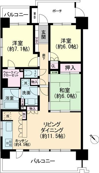 Floor plan. 3LDK, Price 42,800,000 yen, Footprint 78.1 sq m , Balcony area 18.02 sq m