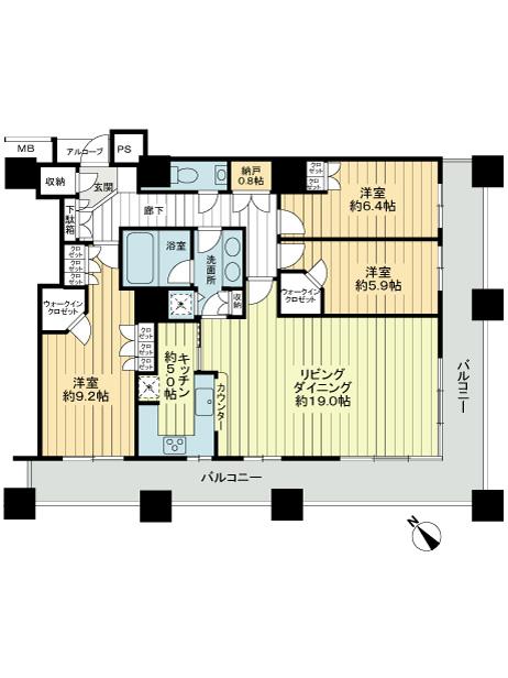 Floor plan. 3LDK, Price 99,800,000 yen, Footprint 106.65 sq m , Balcony area 31.64 sq m