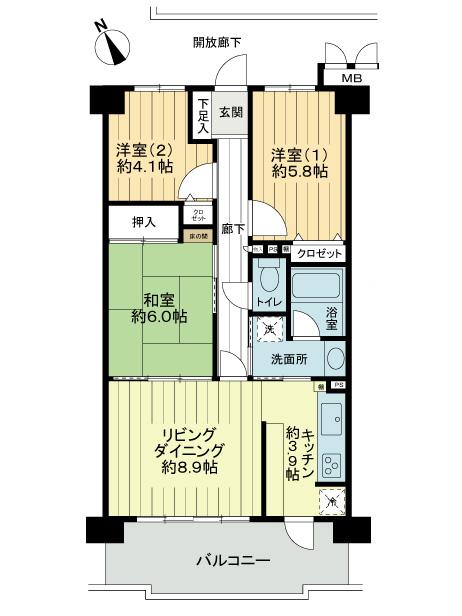 Floor plan. 3LDK, Price 31,650,000 yen, Footprint 63.6 sq m , Balcony area 11 sq m floor plan