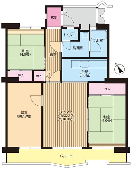 Floor plan. 3LDK, Price 27,800,000 yen, Occupied area 74.76 sq m , Balcony area 9.75 sq m   ~ 3LDK 74.76 sq m  Floor plan ~