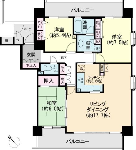 Floor plan. 3LDK, Price 43 million yen, Occupied area 92.31 sq m , Balcony area 22.88 sq m two-sided balcony Three-way lighting design