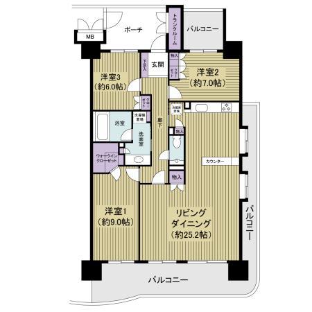 Floor plan. 3LDK, Price 48,800,000 yen, Footprint 107.53 sq m , Balcony area 34.81 sq m