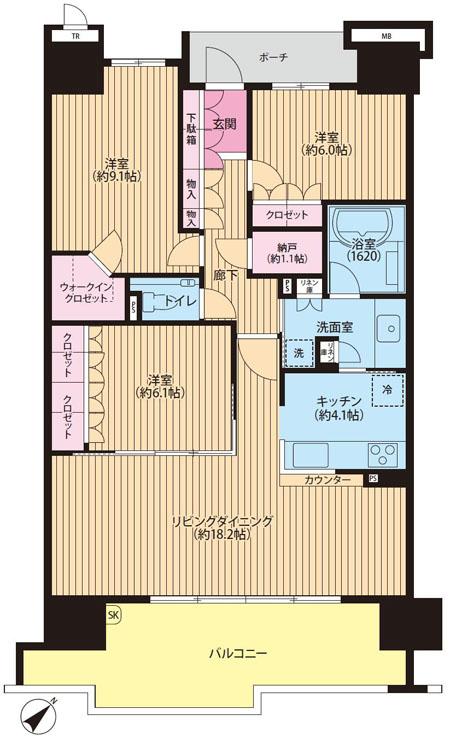 Floor plan. 3LDK + S (storeroom), Price 50,800,000 yen, Footprint 100.16 sq m , Balcony area 18.45 sq m Floor