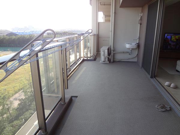 Balcony. There is a convenient slop sink in the spacious balcony cleaning there is a breadth was