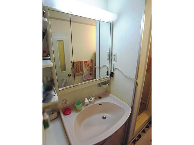 Wash basin, toilet. Vanity with shower faucet