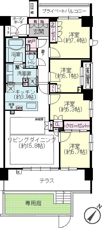 Floor plan. 4LDK, Price 65,800,000 yen, Occupied area 96.41 sq m   ■ Property is 4LDK [96.41 sq m ] Of the first floor angle terrace ・ Residence with a private garden.