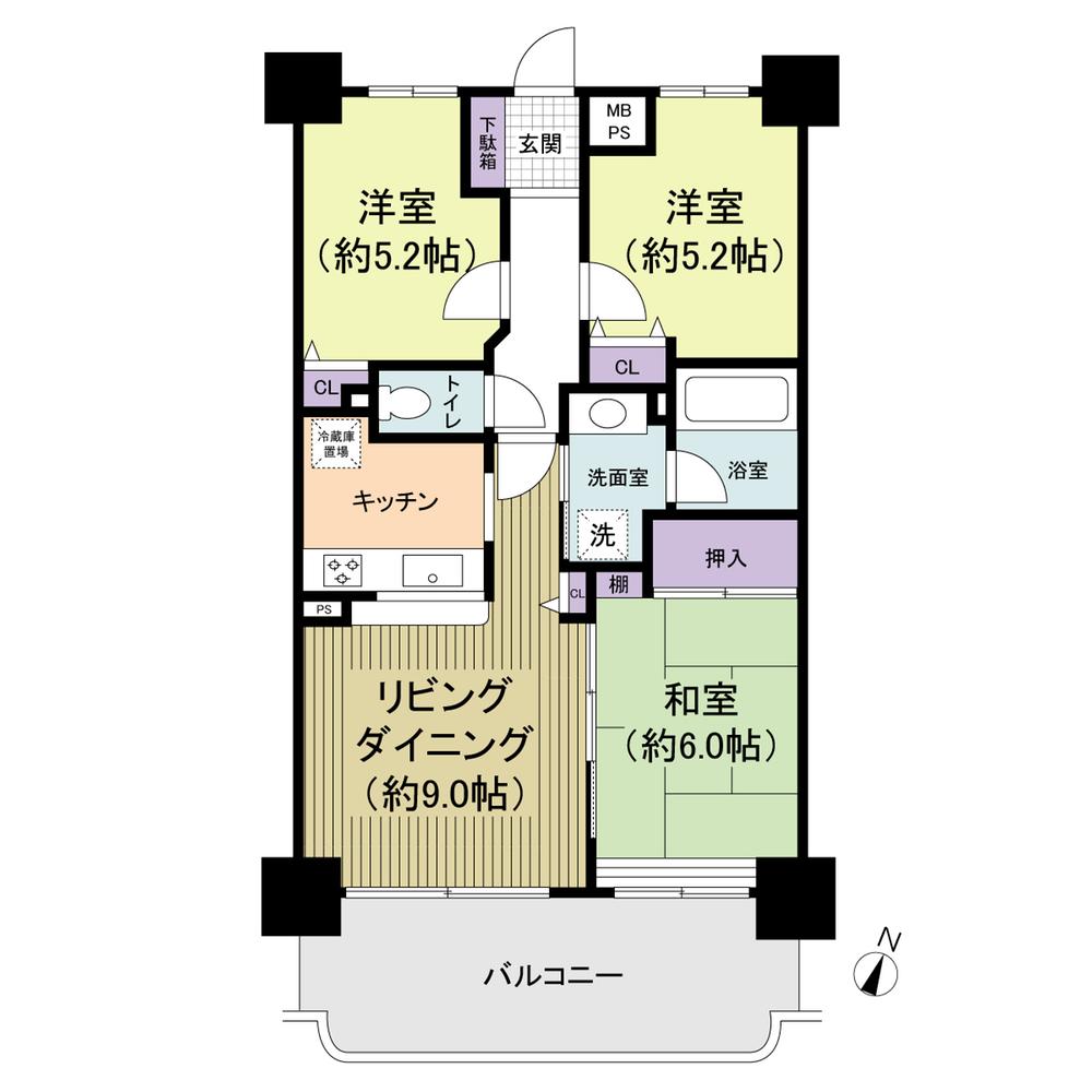 Floor plan. 3LDK, Price 24,800,000 yen, Occupied area 60.64 sq m , Balcony area 8.24 sq m