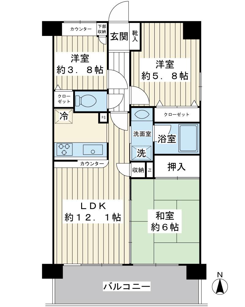 Floor plan. 3LDK, Price 25,800,000 yen, Footprint 60 sq m , Balcony area 9 sq m south-facing 3LDK