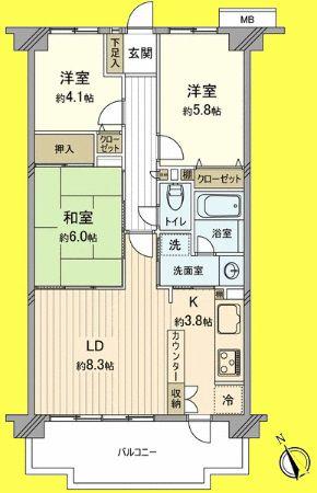 Floor plan. 3LDK, Price 31,650,000 yen, Footprint 63.6 sq m , Balcony area 11 sq m floor plan