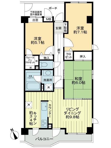 Floor plan. 3LDK, Price 27,800,000 yen, Occupied area 69.82 sq m , Balcony area 7.37 sq m