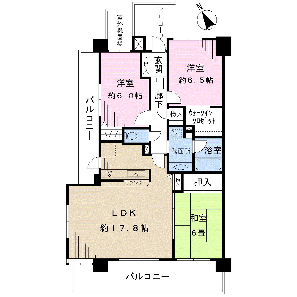 Floor plan. 3LDK, Price 39,700,000 yen, Occupied area 80.09 sq m , Balcony area 22.59 sq m