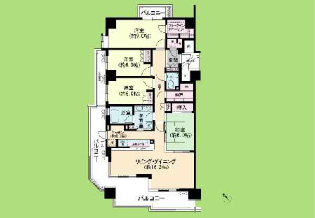 Floor plan. 4LDK, Price 48,800,000 yen, Footprint 114.61 sq m , Spacious Mato balcony area 32.11 sq m 114.61