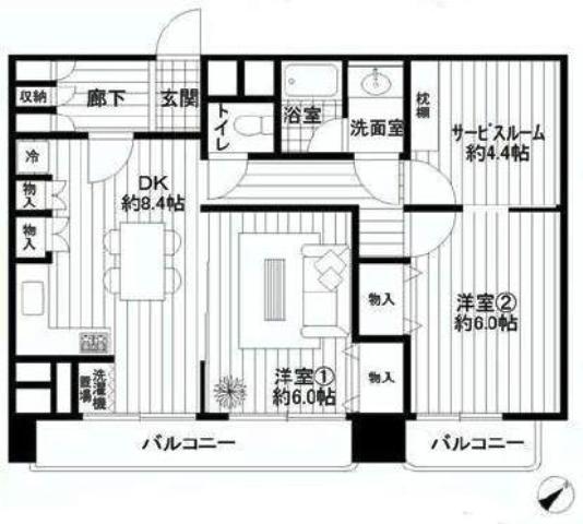 Floor plan. 2DK+S, Price 20.8 million yen, Footprint 60 sq m , Balcony area 7.68 sq m