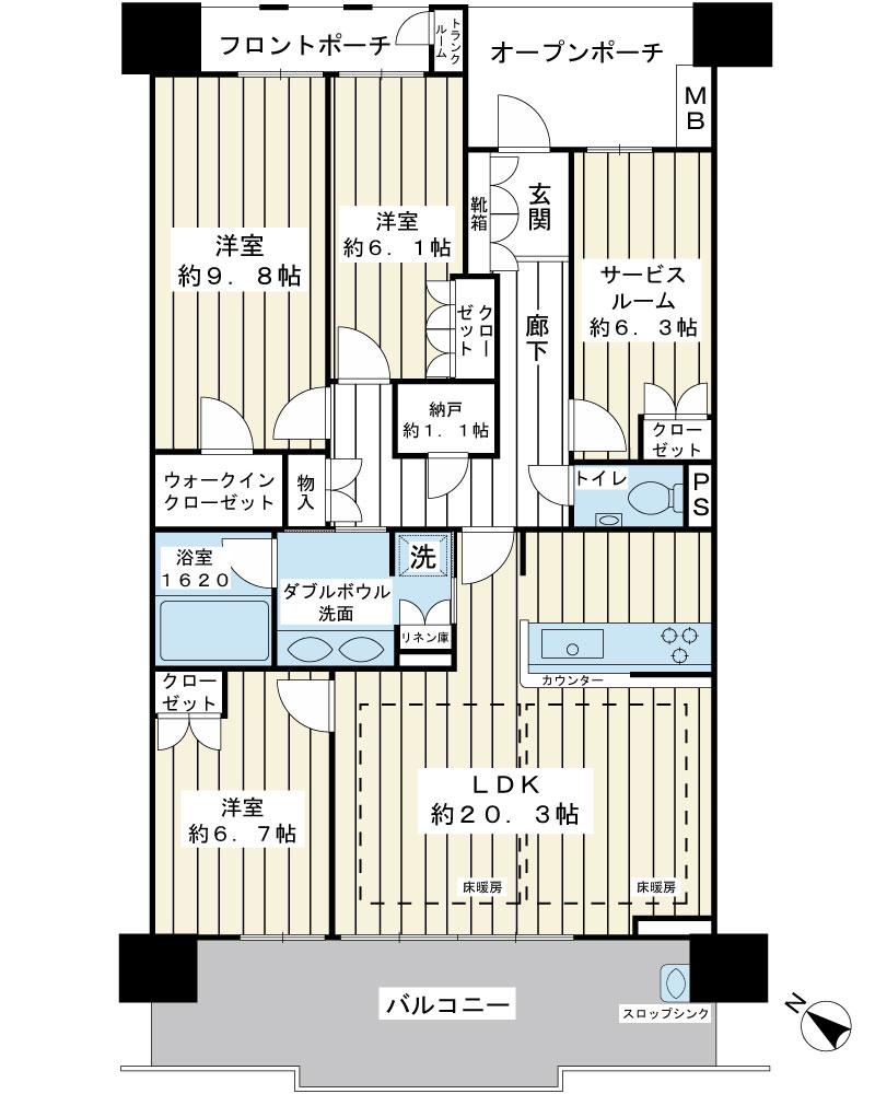 Floor plan. 3LDK + S (storeroom), Price 47,800,000 yen, Footprint 113.49 sq m , Balcony area 18.4 sq m LDK 20 quires more than, All room 6 quires more. 113 square meters is generous floor plan of more than. The room is available as 4LDK.