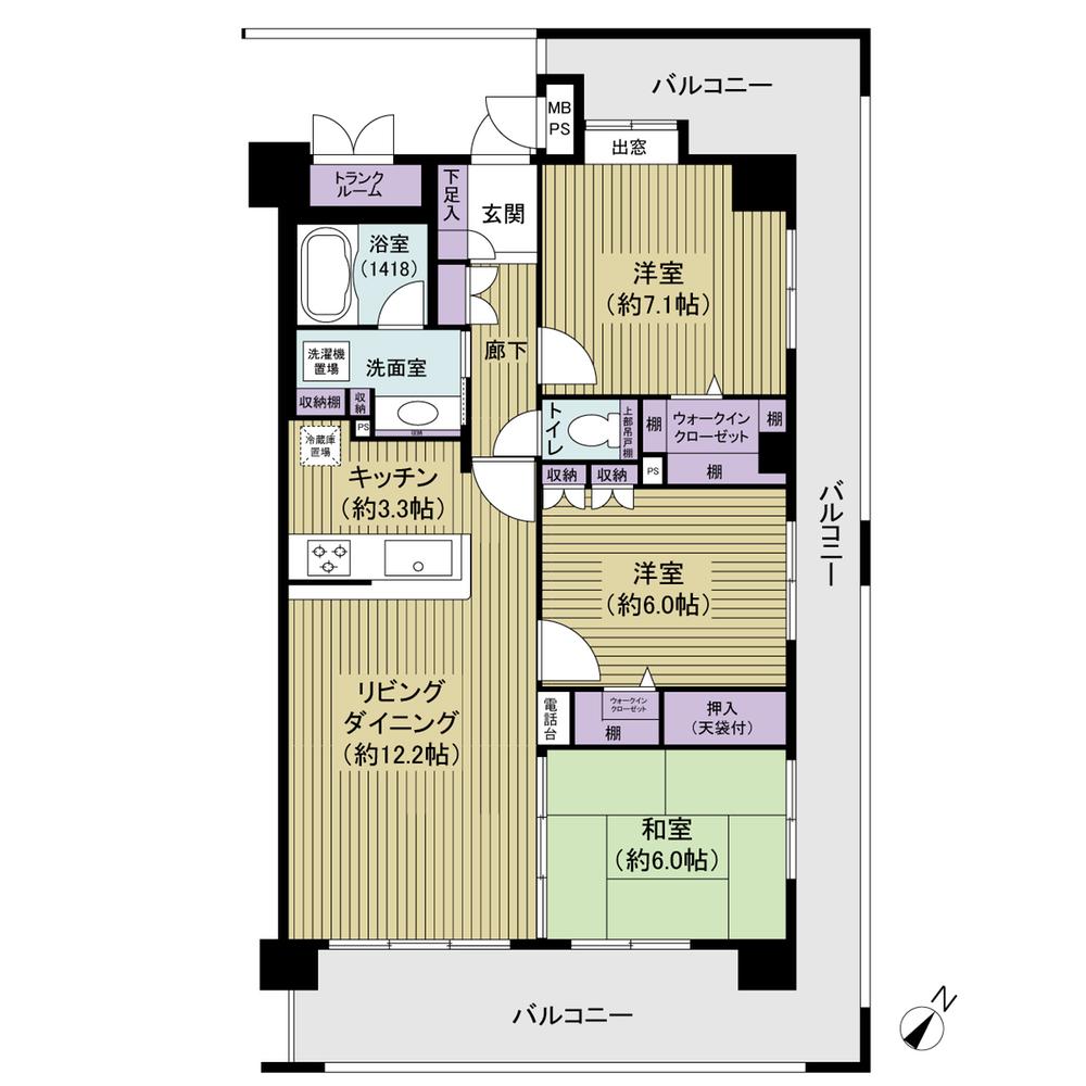 Floor plan. 3LDK, Price 39,800,000 yen, Footprint 77.7 sq m , Balcony area 31.56 sq m 4 floor angle room. Upstairs is a roof balcony of another dwelling unit