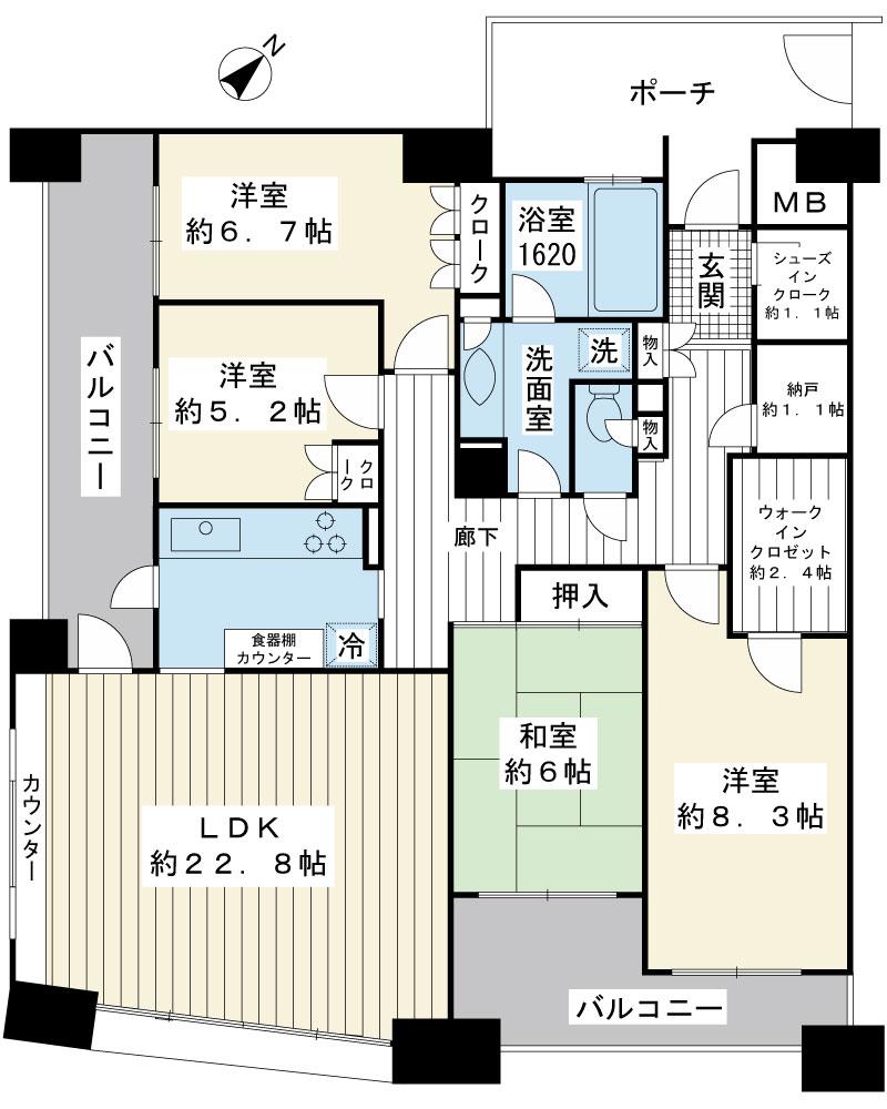 Floor plan. 4LDK + S (storeroom), Price 55,800,000 yen, Footprint 115.97 sq m , Balcony area 22.28 sq m 115 square meters more than 4LDK angle room