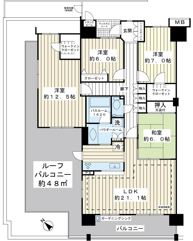 Floor plan. 4LDK, Price 61,800,000 yen, Footprint 121.51 sq m , Balcony area 16.06 sq m southwest ・ Northwest ・ Northeast of the three-direction room