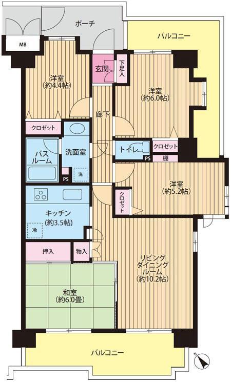 Floor plan. 4LDK, Price 36,300,000 yen, Occupied area 77.95 sq m , Rare 4LDK type on the balcony area 21.98 sq m Hokuei district