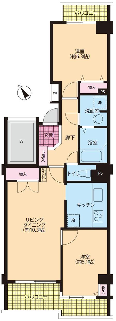 Floor plan. 2LDK, Price 33,800,000 yen, Occupied area 58.95 sq m , Balcony area 9.24 sq m Floor