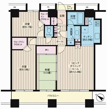 Floor plan. 3LDK, Price 67,800,000 yen, Occupied area 80.65 sq m , Balcony area 12.04 sq m Floor