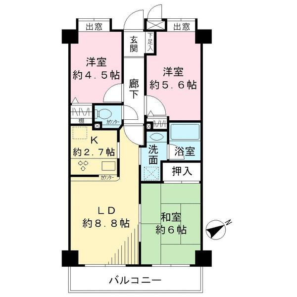 Floor plan. 3LDK, Price 25,800,000 yen, Occupied area 59.16 sq m , Balcony area 6.96 sq m