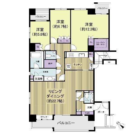 Floor plan. 3LDK, Price 69,800,000 yen, Footprint 125.34 sq m , Balcony area 21.49 sq m