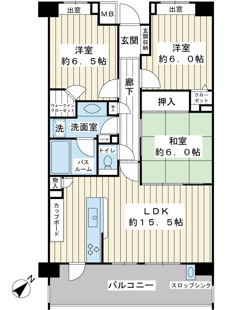 Floor plan. 3LDK, Price 34,700,000 yen, Occupied area 75.06 sq m , Balcony area 12.69 sq m water purifier ・ Dishwasher ・ Konbekku kitchen, Such as balcony slop sink fully equipped.