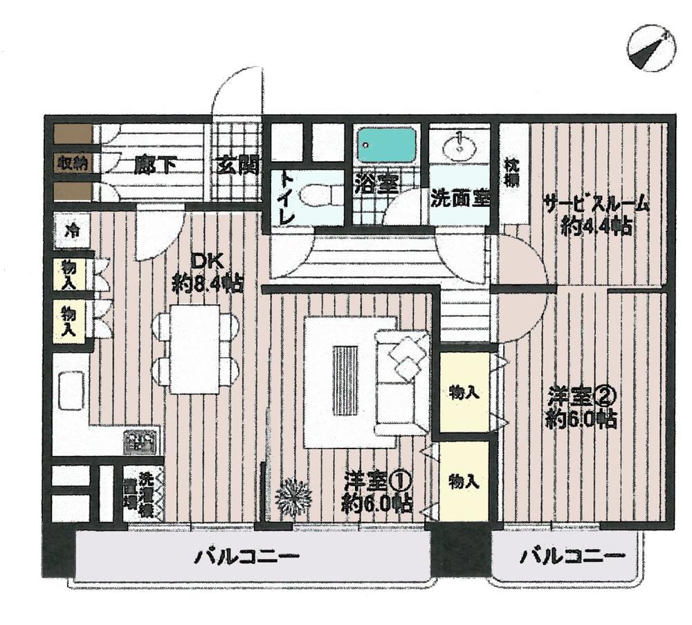 Floor plan. 2DK + S (storeroom), Price 20.8 million yen, Footprint 60 sq m , Balcony area 7.68 sq m