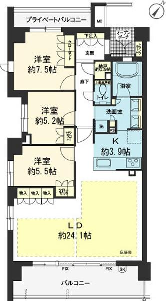 Floor plan. 3LDK, Price 74,800,000 yen, Footprint 100.56 sq m , Balcony area 15.5 sq m