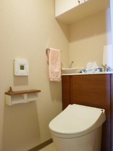 Toilet. Toilet hand washing bowl is installed. With hot cleaning function.