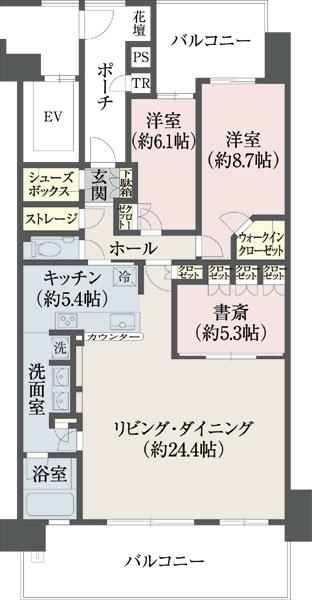 Floor plan. 2LDK+S, Price 52,500,000 yen, Footprint 111.87 sq m , Matrix can be changed on the balcony area 32.09 sq m 4LDK.
