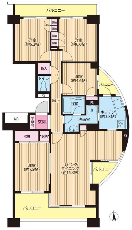 Floor plan. 4LDK, Price 50,500,000 yen, Occupied area 99.37 sq m , Balcony area 23.62 sq m south-facing corner room 4LDK