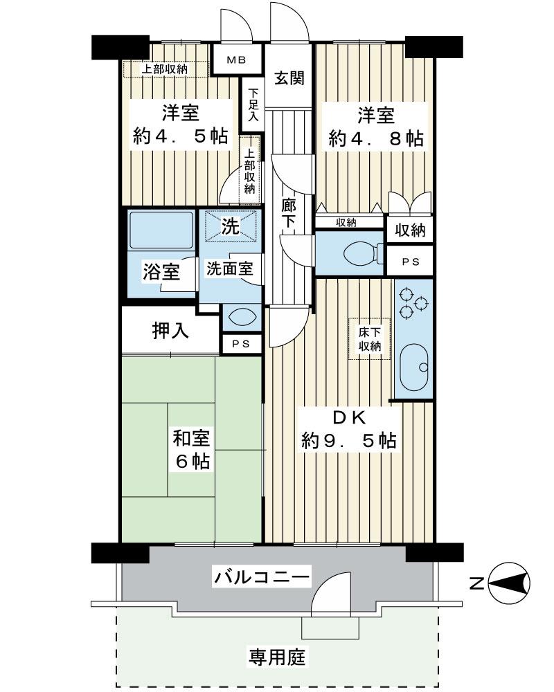 Floor plan. 3DK, Price 19.5 million yen, Occupied area 55.57 sq m , Balcony area 7.83 sq m private garden ground floor dwelling units
